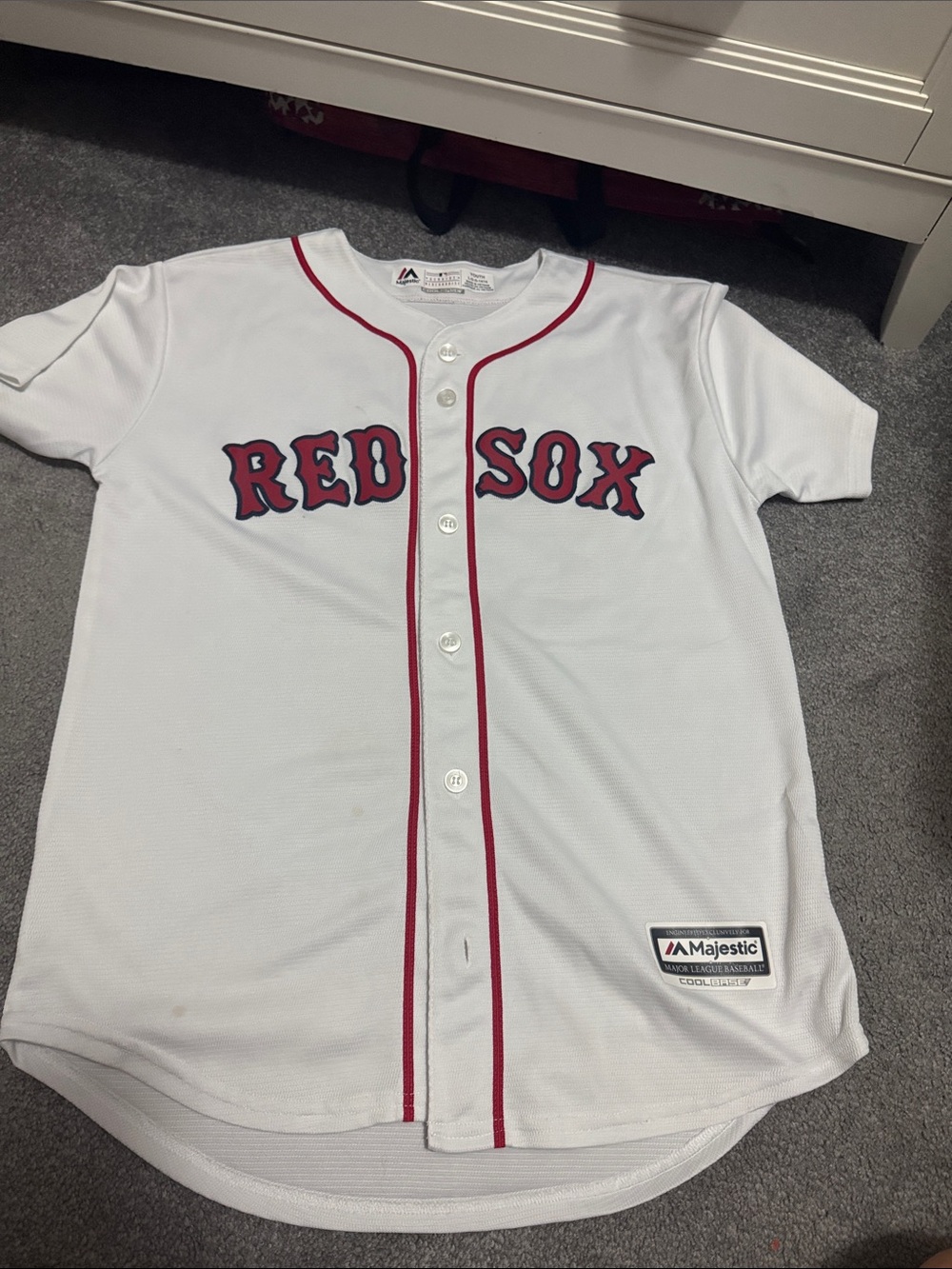 Majestic White Red Sox Baseball Jersey with Red Trim